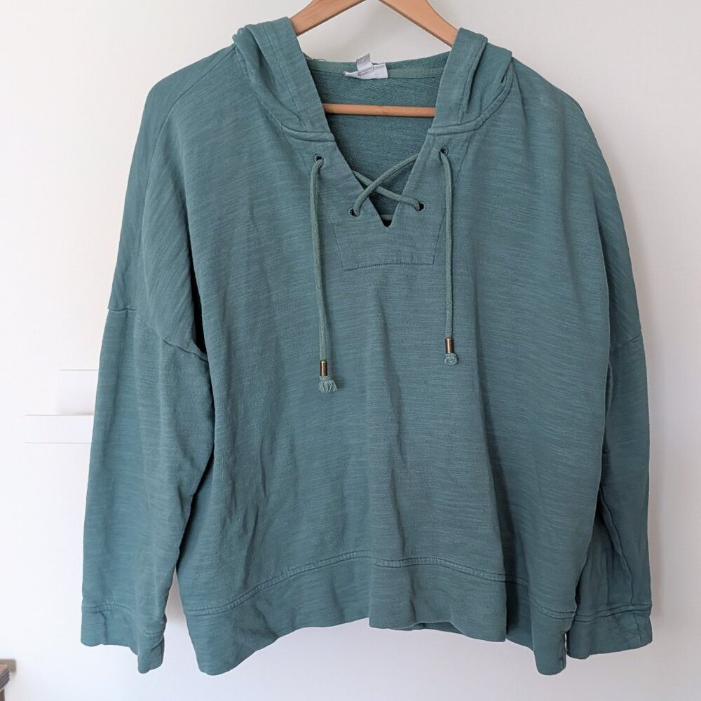 J. Jill 100% Cotton Women's Hoodie Cozy Soft Boxy Sweatshirt XL Aqua Blue Green